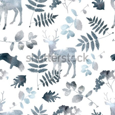 Sticker Nahtloses Muster des Nordwaldes mit Rotwild, Vögel, Blattelemente. Aquarell von Hand gezeichnet