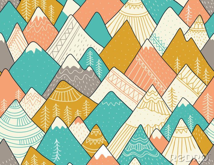 Sticker Nahtloses Muster mit Bergen in der skandinavischen Art. Dekorativer Hintergrund mit Landschaft. Handgezeichnete Ornamente.