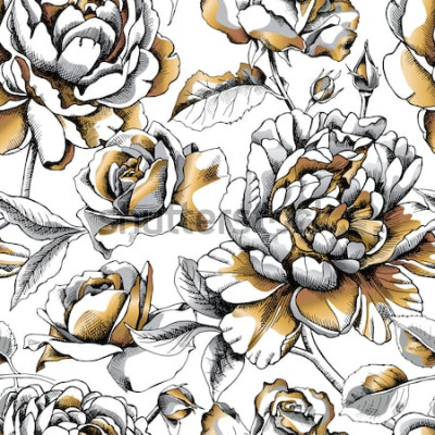 Sticker Nahtloses Muster mit Bildgoldpfingstrose und -rose auf einem weißen Hintergrund. Vektor-Illustration