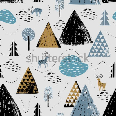 Sticker Nahtloses Muster mit einer Berglandschaft, einem René und einem Wald. Perfekt für Karten, Einladungen, Tapeten, Banner, Kindergarten, Baby-Dusche, Kinderzimmerdekoration. Skandinavische Landschaft.