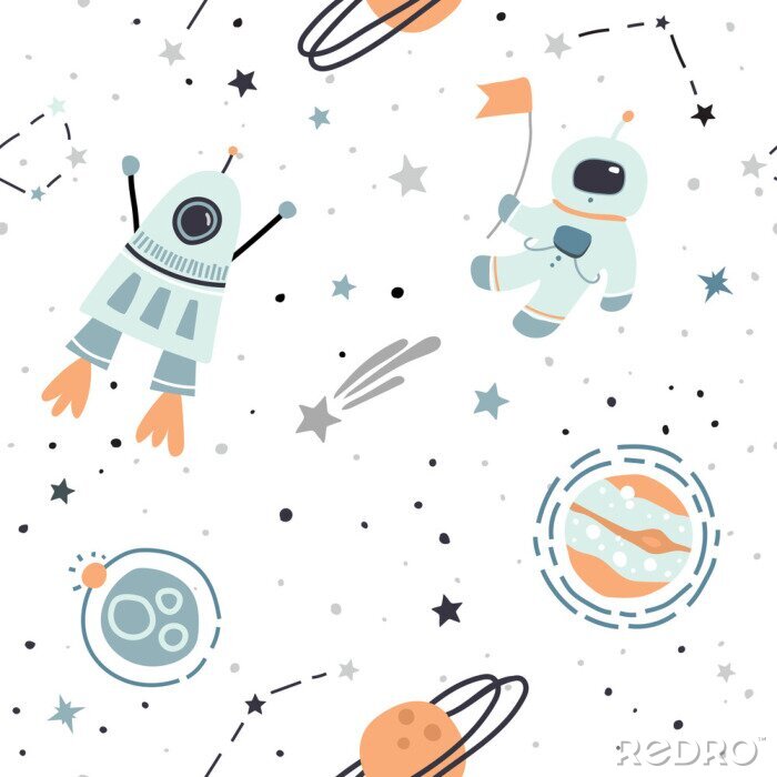 Sticker Nahtloses Muster mit Hand gezeichneten Raumelementen: Kosmonaut, Astronaut, Raum, Rakete, Sterne, Sternschnuppe, Planeten. Modischer Kindervektorhintergrund auf Weiß.