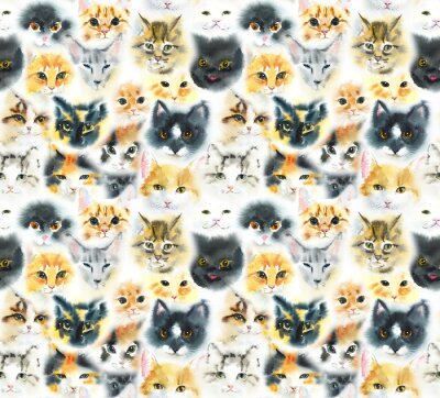 Sticker Nahtloses Muster mit Katzen. Gezeichnete Illustration des Aquarells Hand