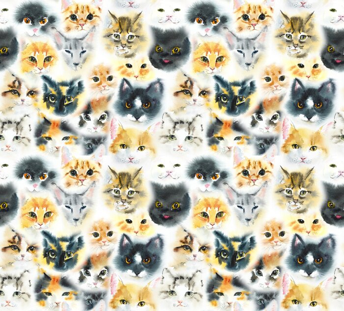 Sticker Nahtloses Muster mit Katzen. Gezeichnete Illustration des Aquarells Hand