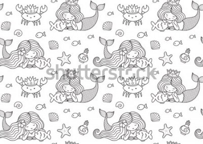 Sticker Nahtloses Muster mit kleiner liegender Meerjungfrau, großem Fisch, Krabbe, Krone. Druckdesign für Malbuch, Textil, Stoff, Poster, Dekor, Grußkarten, Papier, Kleidung, Tapete. Vektorillustration