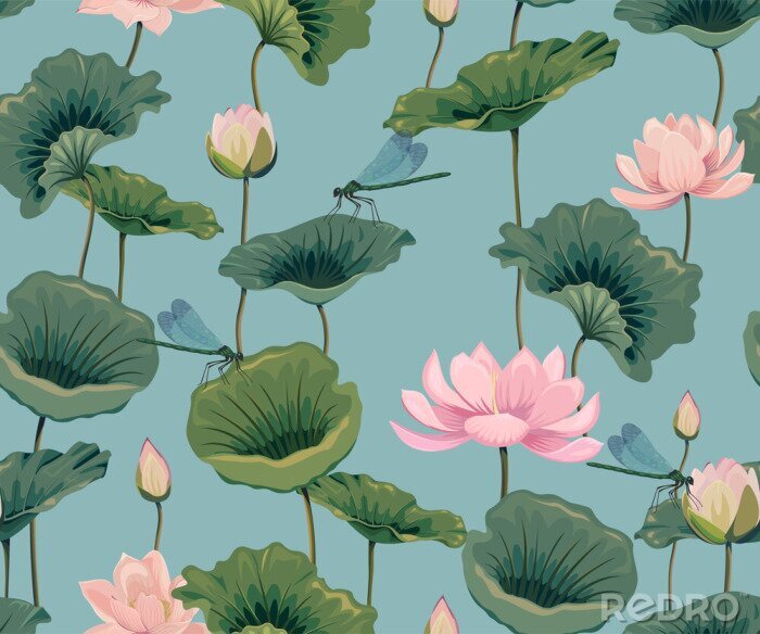 Sticker nahtloses Muster mit Lotusblumen und Libellen