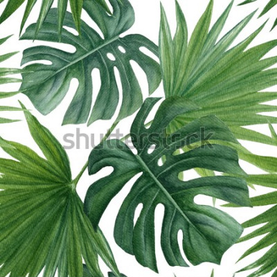Sticker Nahtloses Muster mit tropischen Blättern. Aquarell hand gezeichneten Hintergrund.