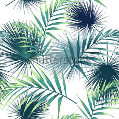 Sticker Nahtloses Muster mit tropischen Blättern. Dunkel- und hellgrüne Palmblätter auf dem weißen Hintergrund. Vektor nahtlose Muster. Tropische Abbildung. Dschungel Laub.