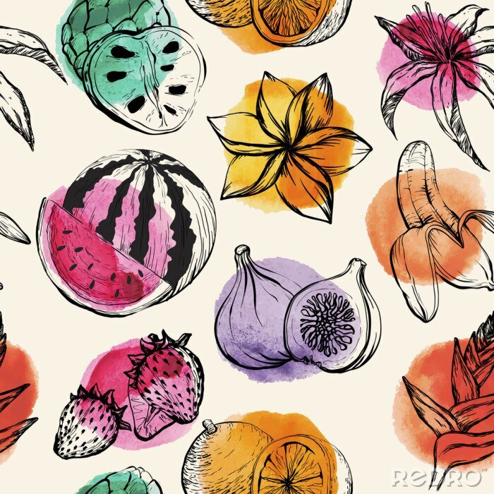 Sticker Nahtloses Muster mit tropischen flowersand Frucht