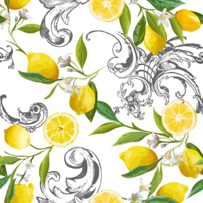 Nahtloses Muster mit Vintage-Barocco-Design mit gelben Zitronenfrüchten, Blumenhintergrund mit Blumen, Blättern, Zitronen für Tapeten, Stoff, Druck. Vektorillustration