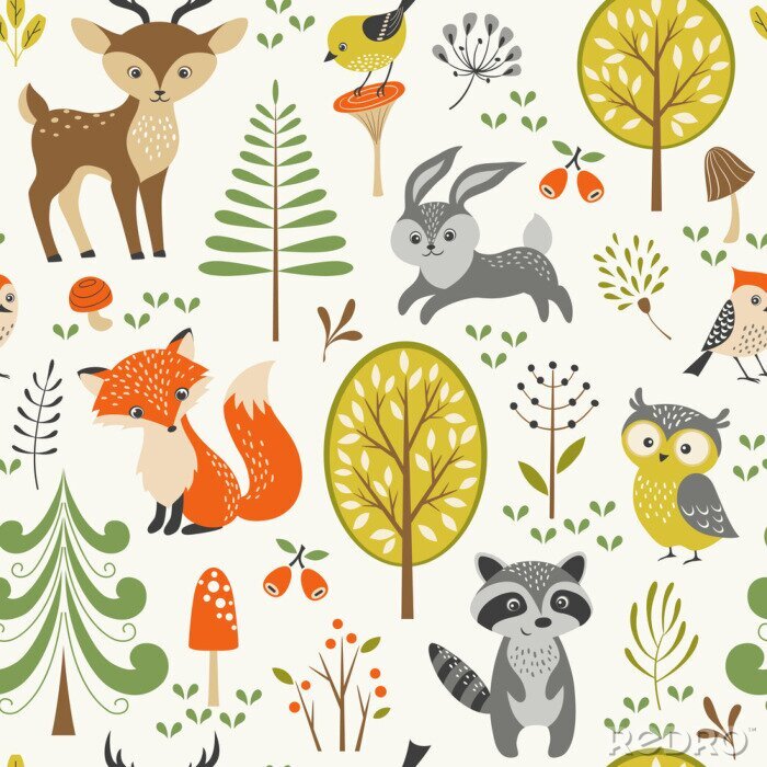 Sticker Nahtloses Sommerwaldmuster mit niedlichen Waldtieren, Bäumen, Pilzen und Beeren
