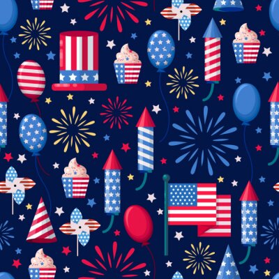 Nahtloses weißes Muster USA-Feiertags. Vektor drucken Hintergrund. Amerikanische Nationalsymbole, Feier Unabhängigkeitstag