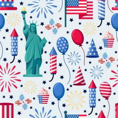 Nahtloses weißes Muster USA-Feiertags. Vektor drucken Hintergrund. Amerikanische Nationalsymbole, Feier Unabhängigkeitstag