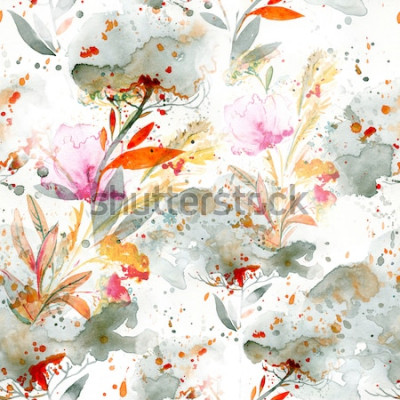 Sticker naives Aquarell - Gießen und Spritzen. florale Motive. handgemaltes nahtloses Muster. Hintergrund für Textildekor und Design. botanische Tapete. Boho Chic Art Blumenrahmen