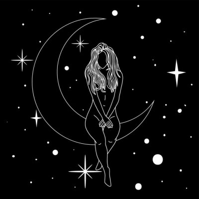 Sticker Naked woman sitting on the moon in trendy linear minimal style.