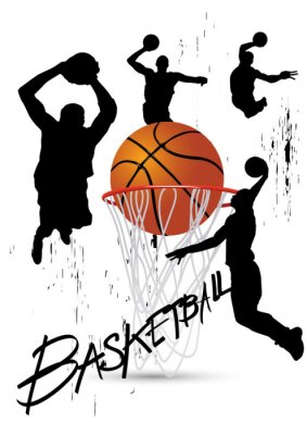 NBA Basketball schwarzer Schriftzug und Basketball-Spieler