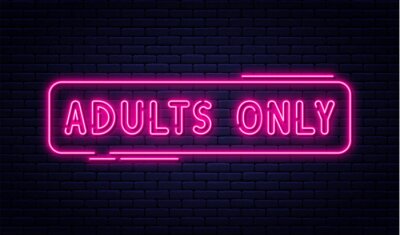 Sticker Neon sign, adults only, 18 plus, sex and xxx. Restricted content, erotic video concept banner, billboard or signboard