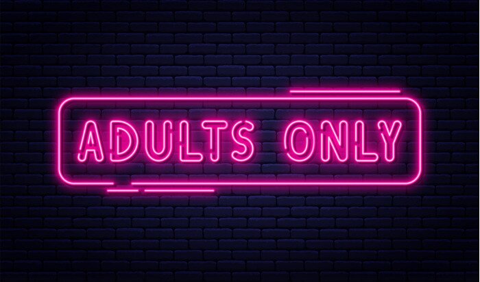 Sticker Neon sign, adults only, 18 plus, sex and xxx. Restricted content, erotic video concept banner, billboard or signboard