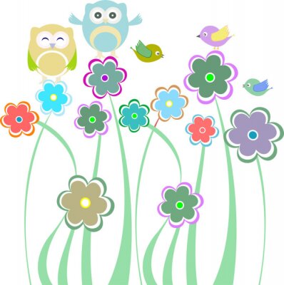 Sticker Nette Kinder Hintergrund mit Blumen Vögel Eulen