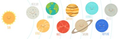 Fototapete Nette lächelnde Zeichentrickfilm-Figuren von Planeten des Sonnensystems können für Kinderausbildung als Karten, Bücher, Fahnen verwendet werden. Kindish Hintergrund