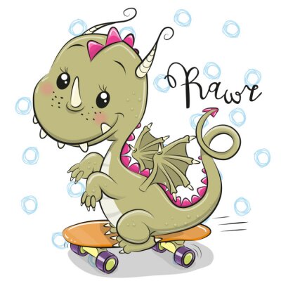 Sticker Netter Drache mit Skateboard auf einem weißen Hintergrund