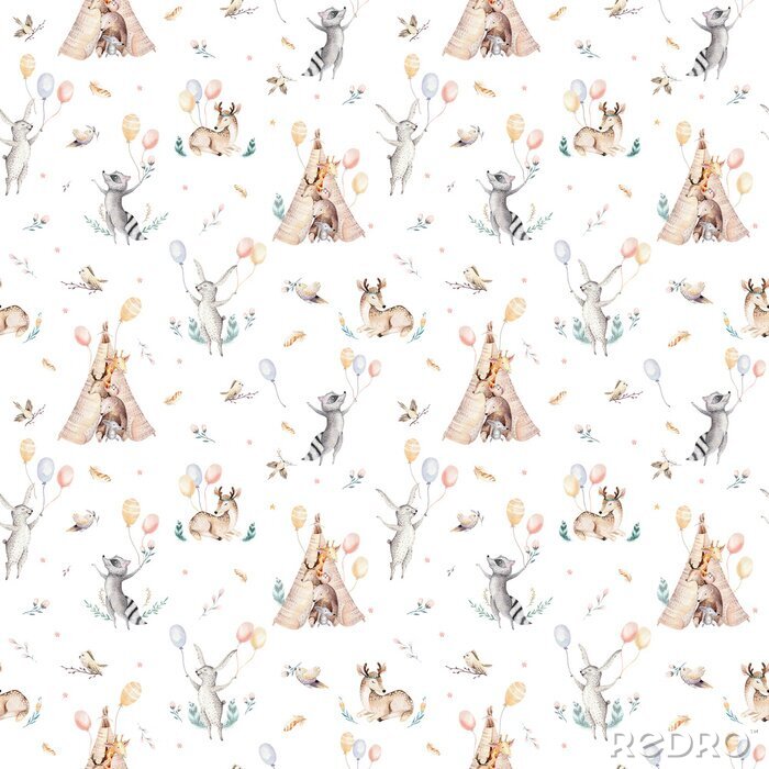 Sticker Netter Familienbaby Raccon, Rotwild und Häschen. Tierkindergartengiraffe und Bär lokalisierten Illustration. Aquarell boho Raccon Zeichnung Kinderzimmer nahtlose Muster. Kinder Hintergrund, Kindergart