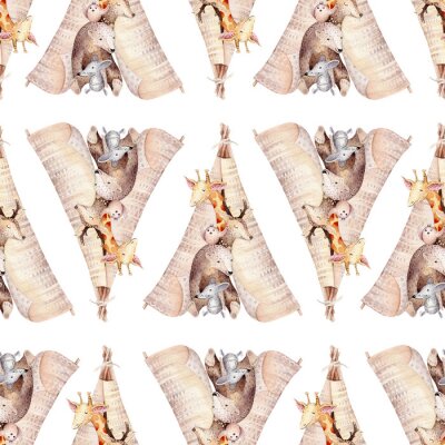 Sticker Netter Familienbaby Raccon, Rotwild und Häschen. Tierkindergartengiraffe und Bär lokalisierten Illustration. Aquarell boho Raccon Zeichnung Kinderzimmer nahtlose Muster. Kinder Hintergrund, Kindergart