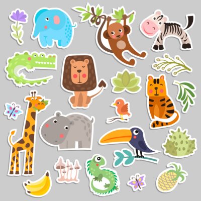 Sticker Netter Satz Aufkleber von Safari-Tieren und Blumen.  Lustige Cartoon-Aufkleber-Tiere der Savanne und der Safari.  Dschungeltiervektorsatz von Aufkleberelementen.  Krokodil, Giraffe, Löwe und Affe und 
