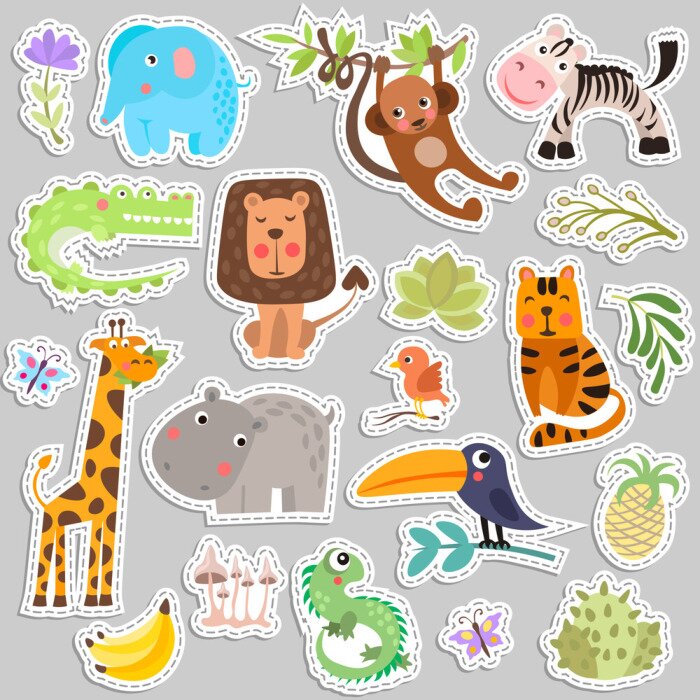Sticker Netter Satz Aufkleber von Safari-Tieren und Blumen.  Lustige Cartoon-Aufkleber-Tiere der Savanne und der Safari.  Dschungeltiervektorsatz von Aufkleberelementen.  Krokodil, Giraffe, Löwe und Affe und 