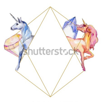Sticker Nettes Einhornpferd. Märchenkinder süßer Traum. Regenbogen Tier Horn Charakter. Rahmenrand Ornament Quadrat. Wildes Tier des Aquarells für Hintergrund, Beschaffenheit, Verpackungsmuster oder Tätowieru