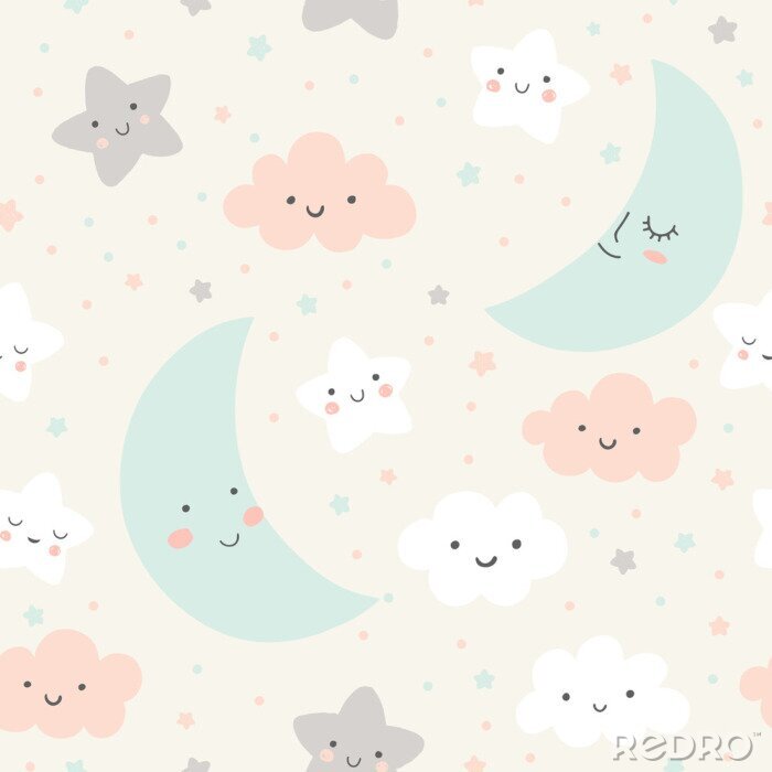 Sticker Nettes Himmelsmuster.  Nahtloses Vektordesign mit lächelndem, schlafendem Mond, Sternen und Wolken.  Babyillustration.