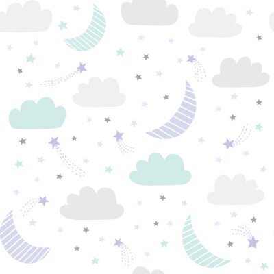 Nettes Nachthimmelvektormuster mit handgezeichneten Sternen, Wolken und Mond.  Nahtloser Babyhintergrund.