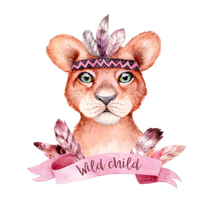 Sticker Nettes wildes boho Tier. Lion Porträt mit Federn. Aquarellillustration, vervollkommnen für Baumschulenraumplakat