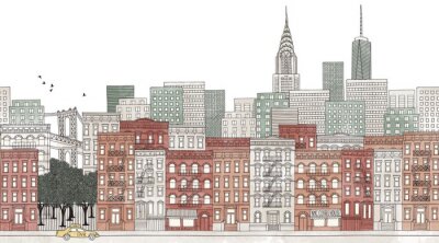 Sticker New York City - nahtlose Banner der Skyline von New York, handgezeichnete und digital farbige Tinte Illustration