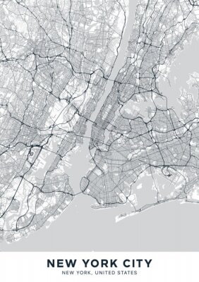 Sticker New York City (NYC, NY) map. Light poster with map of New York City (New York, United States). Highly detailed map of The "Big Apple" with water objects, roads, railways, etc. Printable poster.