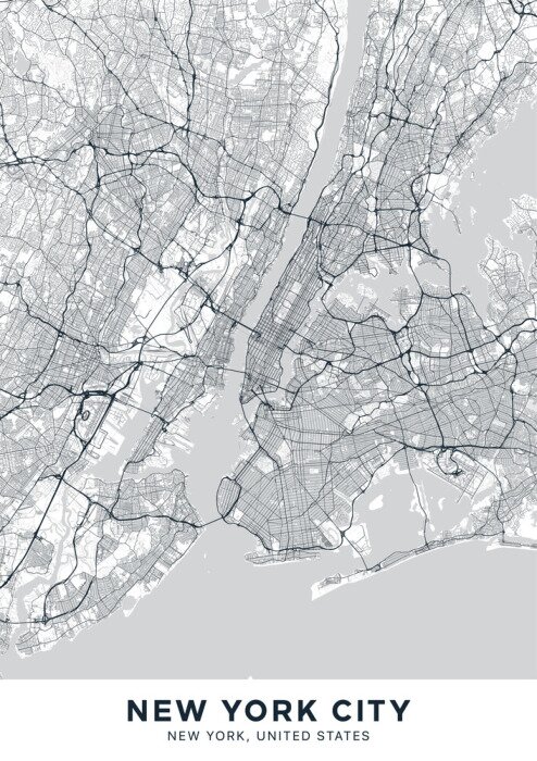 Sticker New York City (NYC, NY) map. Light poster with map of New York City (New York, United States). Highly detailed map of The "Big Apple" with water objects, roads, railways, etc. Printable poster.