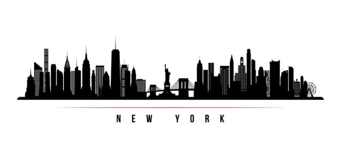 Sticker New York city skyline horizontal banner. Black and white silhouette of New York city, USA. Vector template for your design.
