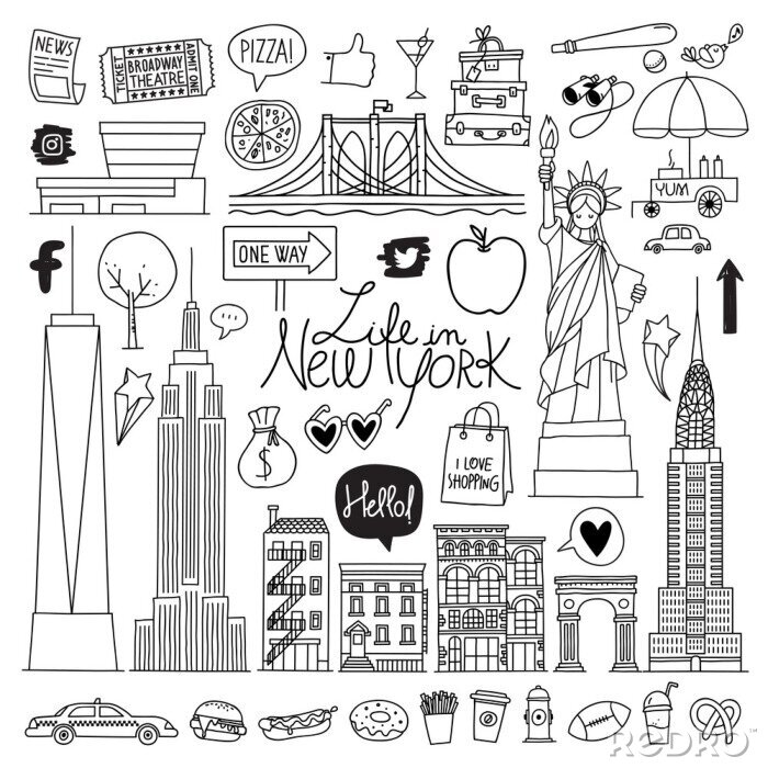 Sticker New York. Hand drawn vector set