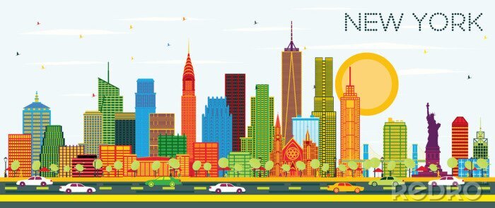 Sticker New York USA City Skyline with Color Skyscrapers and Blue Sky. Vector Illustration. Business Travel and Tourism Concept with Modern Architecture. New York Cityscape with Landmarks.
