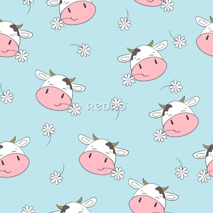 Sticker Niedliche Kühe zwischen Gänseblümchen auf blauem Hintergrund