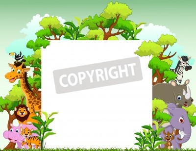 Sticker niedlicher Tierkarikatur mit leerem Zeichen und tropischem Waldhintergrund