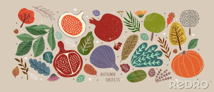 Sticker Obst und Gemüse Herbst Retro-Illustration