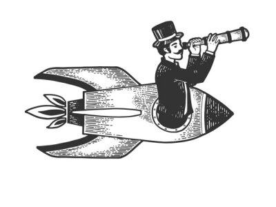 Sticker Old fashioned gentleman flies in rocket and looks through telescope sketch engraving vector illustration. Scratch board style imitation. Black and white hand drawn image.