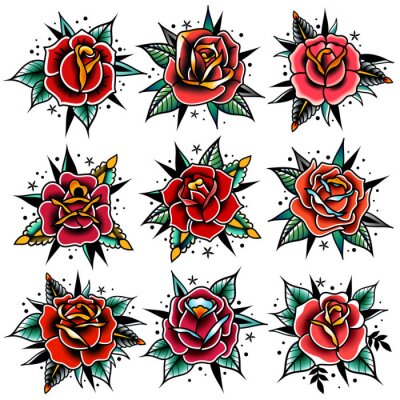 Sticker old school tattoo red roses with leaves set