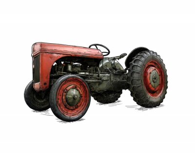 Sticker Old vintage red tractor illustration in cartoon or comic style. Tractor was made in Dearborn, Michigan, United States or USA from 1939 to 1942 or 30's to 40's.