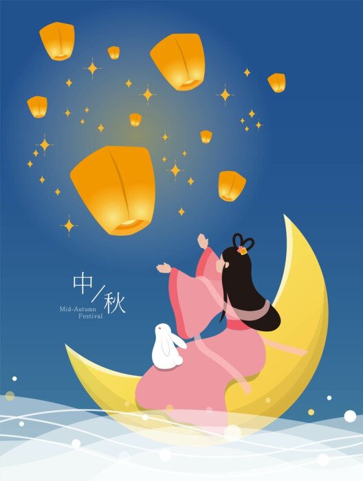 Sticker On Mid-Autumn Festival, Chang'e and cute rabbits sit on the moon and put sky lanterns. Subtitle translation: Mid-Autumn Festival