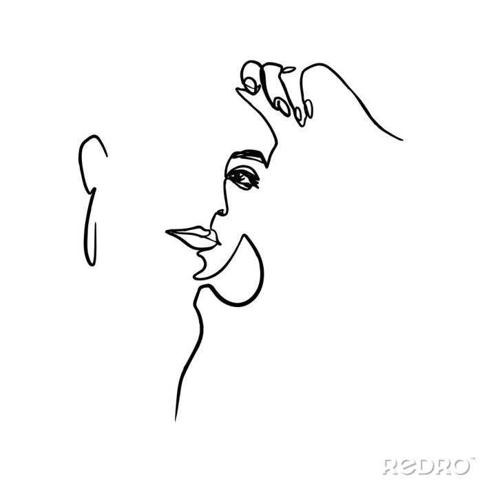Sticker One Line Woman's Face and Hand. Continuous line Portrait of a girl In a Modern Minimalist Style. Vector Illustration young female. For printing on t-shirt, Web Design, beauty Salons, Posters