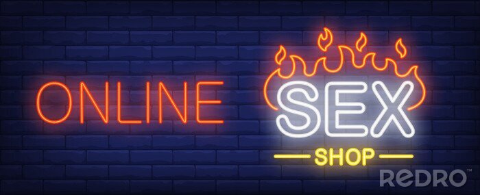 Sticker Online Sex Shop Leuchtreklame. Brennende Wort O dunkle Backsteinmauer. Vector Illustration in der Neonart für Sexspeicher oder erotische Unterhaltung