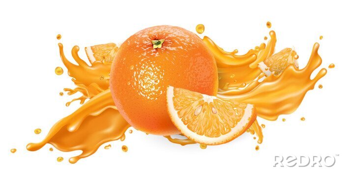 Sticker Orange ganz Viertel und ausgepresster Saft
