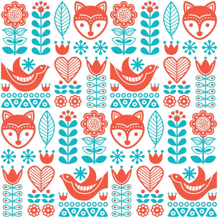 Sticker Orangefarbene Vögel und Füchse mit blauen Pflanzen