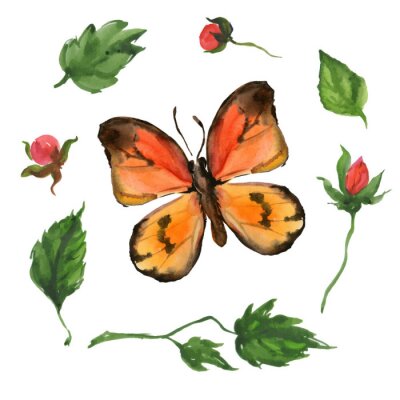 Sticker Orangefarbener Schmetterling und Blätter